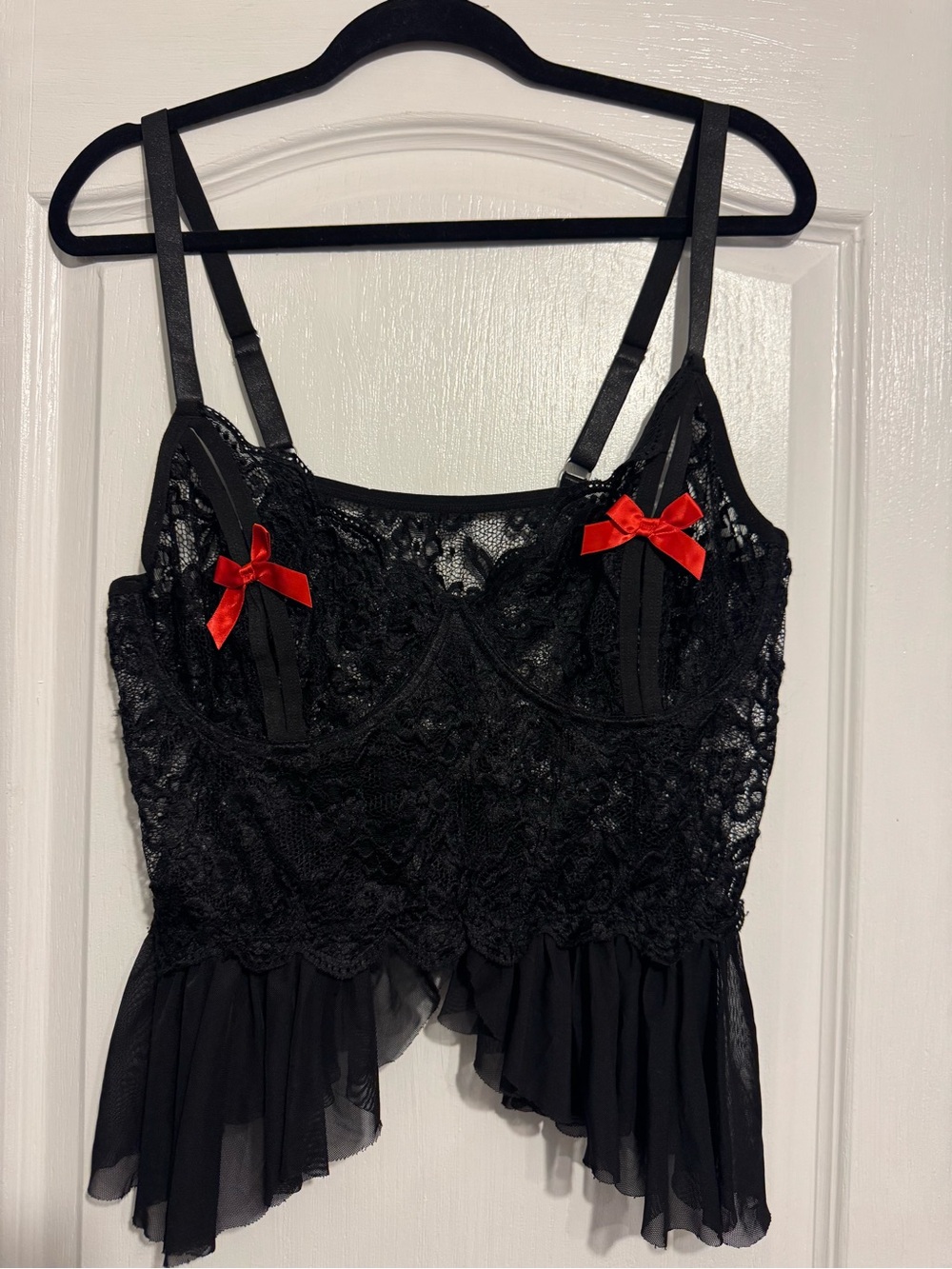 Italian Sexy Black Lace Bustier Camisole with Red Bow Accents